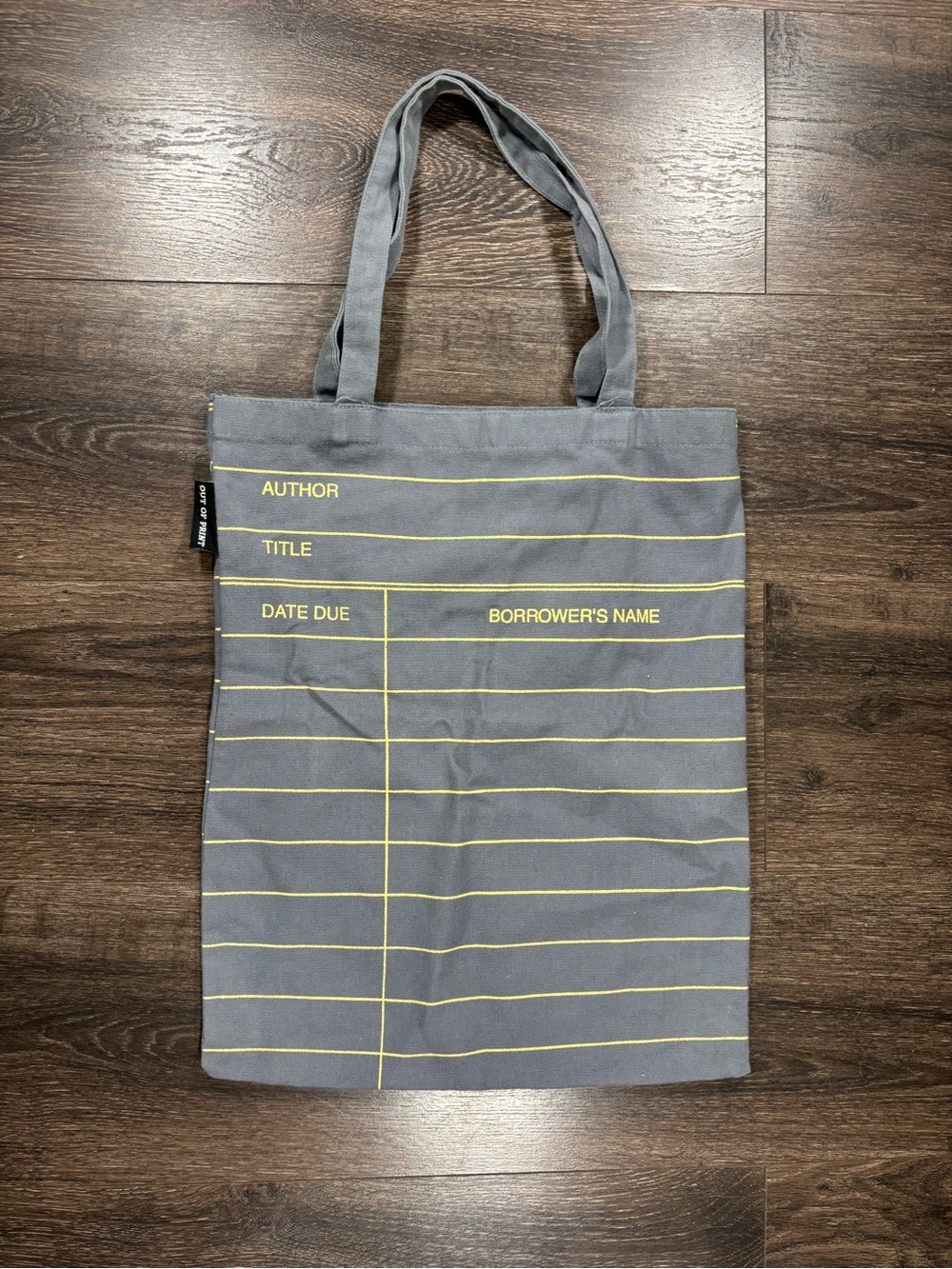 Gray Canvas Tote Bag with Yellow Library Card Print - Bags
